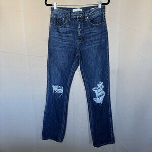 Kancan Jeans Womens Distressed High Rise Straight Leg Denim Pants Blue 7 /27